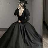 DERMEARNE French Elegant Vintage Lolita Dress Ruffles Stand Collar Long Sleeve High Waist A-line Slim Black Long Dress Women Autumn 2024