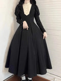DERMEARNE French Elegant Vintage Lolita Dress Ruffles Stand Collar Long Sleeve High Waist A-line Slim Black Long Dress Women Autumn 2024
