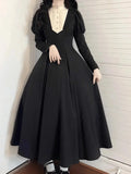 DERMEARNE French Elegant Vintage Lolita Dress Ruffles Stand Collar Long Sleeve High Waist A-line Slim Black Long Dress Women Autumn 2024