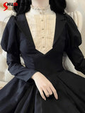 DERMEARNE French Elegant Vintage Lolita Dress Ruffles Stand Collar Long Sleeve High Waist A-line Slim Black Long Dress Women Autumn 2024