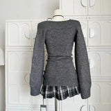 DERMEARNE French Retro Elegant Y2k 3 Piece Sets Women Vintage Solid Long Sleeve Sweater + Lace Casual Vest + Plaid Chic Skirt Autumn 2025