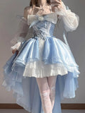 DERMEARNE French Romantic Style Lolita Op Elegant Girl Cosplay Princess Puff Sleeve Ribbon Bowknot Flower Tunic Mesh Fantastic Fairy Dress