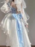 DERMEARNE French Romantic Style Lolita Op Elegant Girl Cosplay Princess Puff Sleeve Ribbon Bowknot Flower Tunic Mesh Fantastic Fairy Dress