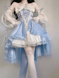 DERMEARNE French Romantic Style Lolita Op Elegant Girl Cosplay Princess Puff Sleeve Ribbon Bowknot Flower Tunic Mesh Fantastic Fairy Dress