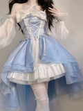 DERMEARNE French Romantic Style Lolita Op Elegant Girl Cosplay Princess Puff Sleeve Ribbon Bowknot Flower Tunic Mesh Fantastic Fairy Dress