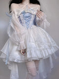 DERMEARNE French Romantic Style Lolita Op Elegant Girl Cosplay Princess Puff Sleeve Ribbon Bowknot Flower Tunic Mesh Fantastic Fairy Dress