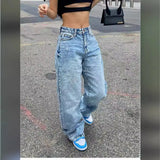 DERMEARNE Full Length Women Jeans Solid Distressed Denim Straight Pants Pockets Loose Casual Mid Waist Basics Zipper Fly Flat Washing