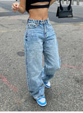 DERMEARNE Full Length Women Jeans Solid Distressed Denim Straight Pants Pockets Loose Casual Mid Waist Basics Zipper Fly Flat Washing