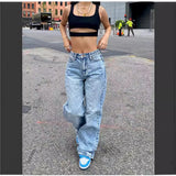 DERMEARNE Full Length Women Jeans Solid Distressed Denim Straight Pants Pockets Loose Casual Mid Waist Basics Zipper Fly Flat Washing