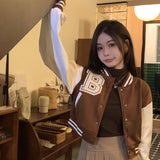 DERMEARNE Gidyq Brown Warm Baseball Jacket Women Autumn New Patchwork Button Crop Top Korean Sweet Preppy Style Long Sleeve Female Coat