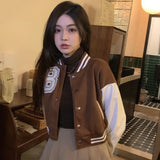 DERMEARNE Gidyq Brown Warm Baseball Jacket Women Autumn New Patchwork Button Crop Top Korean Sweet Preppy Style Long Sleeve Female Coat