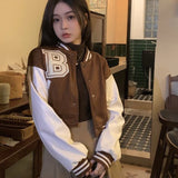 DERMEARNE Gidyq Brown Warm Baseball Jacket Women Autumn New Patchwork Button Crop Top Korean Sweet Preppy Style Long Sleeve Female Coat