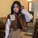 DERMEARNE Gidyq Brown Warm Baseball Jacket Women Autumn New Patchwork Button Crop Top Korean Sweet Preppy Style Long Sleeve Female Coat