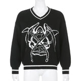 Y2K Aesthetic Knitted Sweaters Oversized Graphic Print Pullovers E-girl Loosed V-neck Long Sleeve Jumpers Women Vintage Clothes