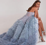 Xijun Elegant Long Prom Dresses Sweetheart Crumpled Tulle Ruffles Evening Dress Saudi Arabic Sleeveless Tiered A-Line Party Gown