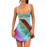 Dermearne Sexy Women Casual Suspender Short Dress Summer Fashion Contrast Color U-neck Hollow A-line Dresses Streetwear