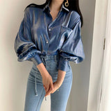 Color Shirts Womens Fashion Bright Blouse Female Elegant Lapel Button Blusa Casual Puff Sleeve Top Oversize