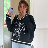 Y2K Aesthetic Knitted Sweaters Oversized Graphic Print Pullovers E-girl Loosed V-neck Long Sleeve Jumpers Women Vintage Clothes