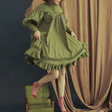 Lolita Girls Midi Dress Sweet Solid Color O Neck Long Puff Lantern Sleeve Buttons Large Swing Retro Dress vestidos de fiesta