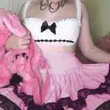 Y2K Harajuku Black Lace Trim Pink Pleated Skirt Women Preppy Style Kawaii High Waisted Double Layer Short Skirts Ladies Clothes