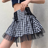 Y2K Aesthetic Mesh Patcgwork Tutu Ball Gown Skirt Women Harajuku Gothic Dark Lace Up Plaid Skirt Bandage High Waist Mini Skirts