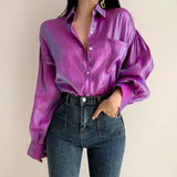 Color Shirts Womens Fashion Bright Blouse Female Elegant Lapel Button Blusa Casual Puff Sleeve Top Oversize