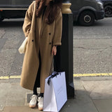 Winter Korean Handmade Double Breasted Long 100% Wool Coat Women Casual Loose Lacing Belt Woolen Overcoat Oversized