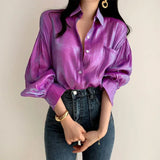 Color Shirts Womens Fashion Bright Blouse Female Elegant Lapel Button Blusa Casual Puff Sleeve Top Oversize