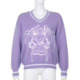 Y2K Aesthetic Knitted Sweaters Oversized Graphic Print Pullovers E-girl Loosed V-neck Long Sleeve Jumpers Women Vintage Clothes