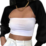 Women Sexy Turtleneck Long Puff Sleeve Knitted Sweater Arm Warmers Backless Knitwear Pullover Crop Top