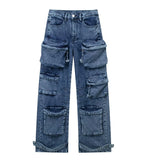 DERMEARNE Handsome Street Style Summer Women's Trendy Pants Fashion Pocket Decoration Straight Denim Workwear Pants Worn Out Washed Jeans