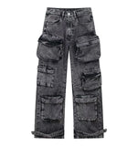 DERMEARNE Handsome Street Style Summer Women's Trendy Pants Fashion Pocket Decoration Straight Denim Workwear Pants Worn Out Washed Jeans