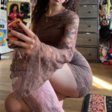 Grunge Mini Lace Dress y2k Retro Flare Sleeves Skinny Wrap Bodycon Short Dress Chic Women Elegant Lady Vintage Clothes