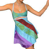 Dermearne Sexy Women Casual Suspender Short Dress Summer Fashion Contrast Color U-neck Hollow A-line Dresses Streetwear