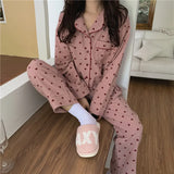 DERMEARNE Heart Print Home Suit Loose Cotton Casual Sleepwear Korean Pajamas Set Trousers Harajuku Home Clothes Kawaii Single Breasted Top