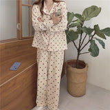 DERMEARNE Heart Print Home Suit Loose Cotton Casual Sleepwear Korean Pajamas Set Trousers Harajuku Home Clothes Kawaii Single Breasted Top