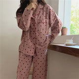 DERMEARNE Heart Print Home Suit Loose Cotton Casual Sleepwear Korean Pajamas Set Trousers Harajuku Home Clothes Kawaii Single Breasted Top
