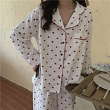 DERMEARNE Heart Print Home Suit Loose Cotton Casual Sleepwear Korean Pajamas Set Trousers Harajuku Home Clothes Kawaii Single Breasted Top