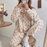 DERMEARNE Heart Print Home Suit Loose Cotton Casual Sleepwear Korean Pajamas Set Trousers Harajuku Home Clothes Kawaii Single Breasted Top
