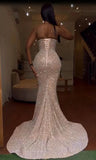 DERMEARNE High Split Sparkly Sequined Mermaid Evening Dresses Beading Pearls Fish Bone Long Formal Party Prom Gowns Vestido De Fiesta