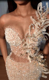 DERMEARNE High Split Sparkly Sequined Mermaid Evening Dresses Beading Pearls Fish Bone Long Formal Party Prom Gowns Vestido De Fiesta