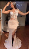 DERMEARNE High Split Sparkly Sequined Mermaid Evening Dresses Beading Pearls Fish Bone Long Formal Party Prom Gowns Vestido De Fiesta