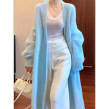 DERMEARNE High-quality Soft Style Knitted Sweater Jacket Women Autumn Winter Retro Long Blue Pink Faux Mink Wool Sweater Cardigan Jacket