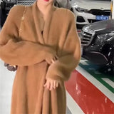 DERMEARNE High-quality Soft Style Knitted Sweater Jacket Women Autumn Winter Retro Long Blue Pink Faux Mink Wool Sweater Cardigan Jacket
