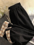 DERMEARNE JMPRS Fashion Plaid Hemming Women Corduroy Pants High Waist Fall Black Korean Loose Straight Trousers Casual Drawstring Pants
