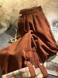DERMEARNE JMPRS Fashion Plaid Hemming Women Corduroy Pants High Waist Fall Black Korean Loose Straight Trousers Casual Drawstring Pants