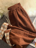DERMEARNE JMPRS Fashion Plaid Hemming Women Corduroy Pants High Waist Fall Black Korean Loose Straight Trousers Casual Drawstring Pants