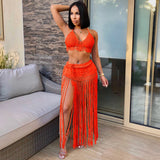DERMEARNE JRRY Sexy Women Knitted Set Halter Backless Crop Top Long Tassels Skirt Two Pieces Set Crocheted Beach Outfit