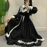 DERMEARNE Japanese Gothic Lolita Dress Soft Girl Vintage Victorian Lace-Up Ruffles Princess Black Dress Spring Autumn Women Punk Dresses