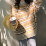 DERMEARNE Japanese Retro Jacquard Striped Sweater for Women's Autumn Winter New Lazy Style High-end Pullover Versatile Knitted Sweater Top